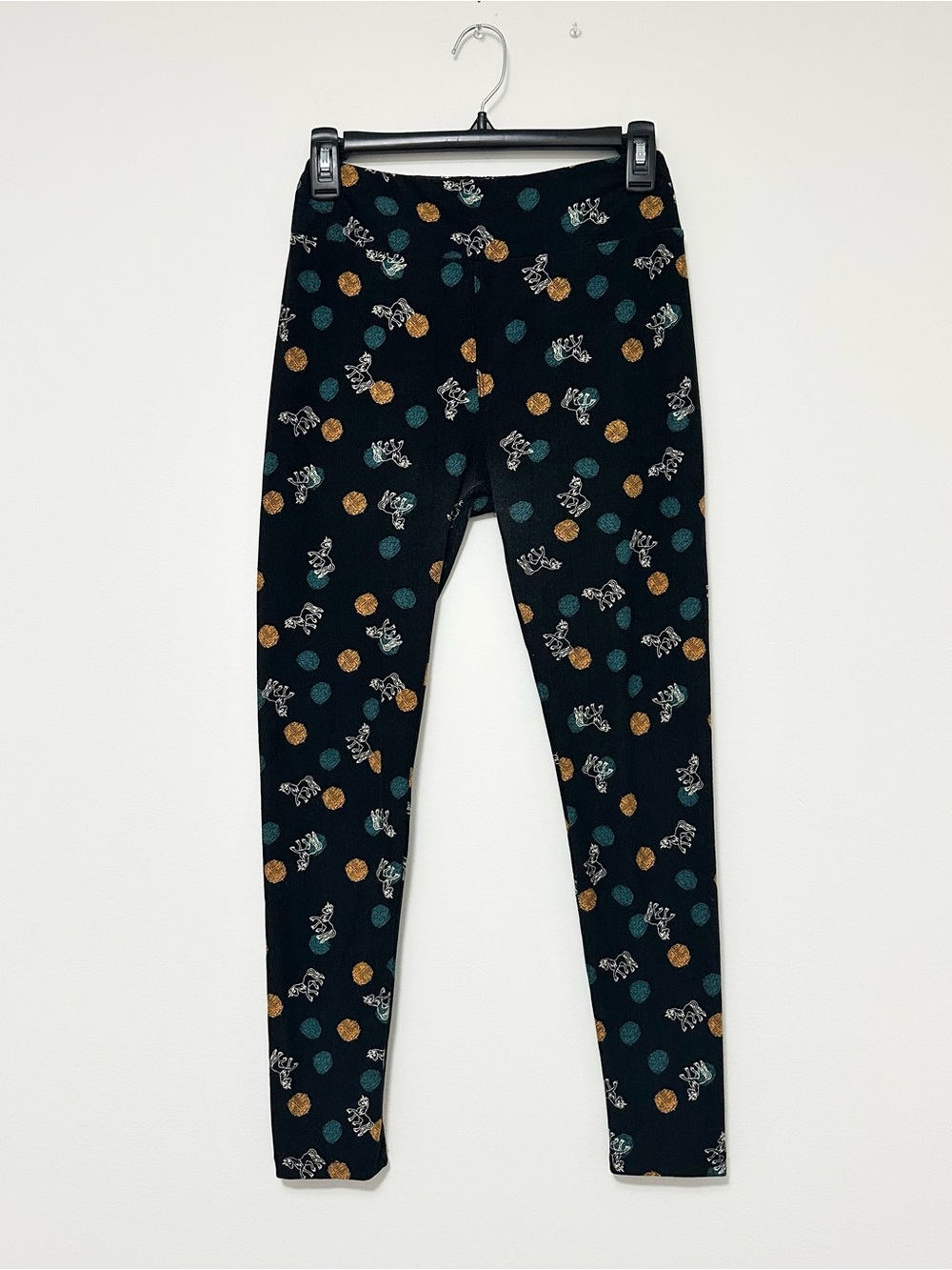 LuLaRoe OS One Size Black Leggings with Unicorn and Polka Dot Print Buttery Soft